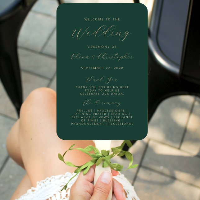 Minimalist Dark Green Gold Script Wedding Program Hand Fan (Creator Uploaded)