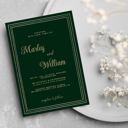 Minimalist dark green gold silver luxury Wedding Invitation