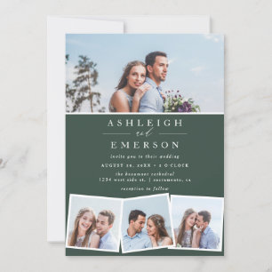 Minimalist Dark Green Photo Collage Wedding Invitation