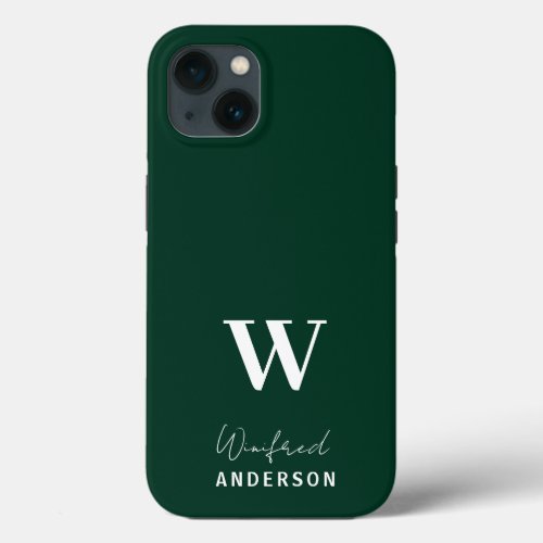 Minimalist Dark Green Stylish Monogram Custom Name iPhone 13 Case