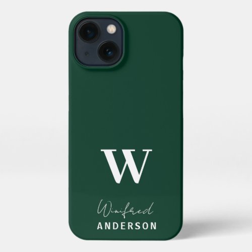 Minimalist Dark Green Stylish Monogram Custom Name iPhone 13 Case