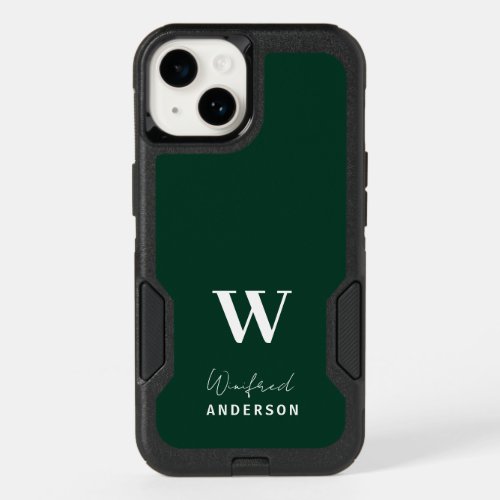 Minimalist Dark Green Stylish Monogram Custom Name OtterBox iPhone 14 Case
