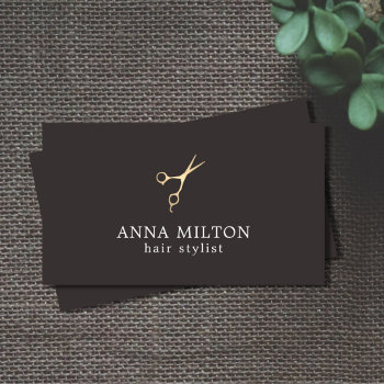 Minimalist Dark Grey Faux Gold Scissors Hair Business Card by pro_business_card at Zazzle