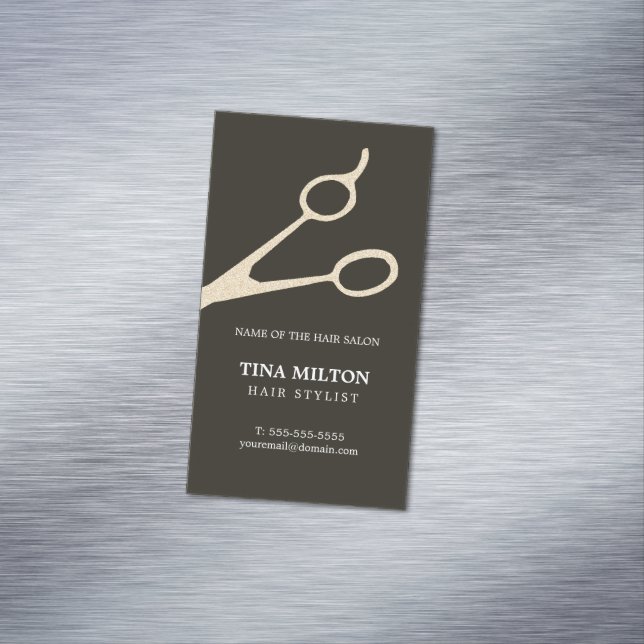 Minimalist Dark Grey Faux Metal Scissors Hair Business Card Magnet (In Situ)