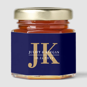 Minimalist Dark Navy Blue Gold Monogram Wedding Honey Jar Favors