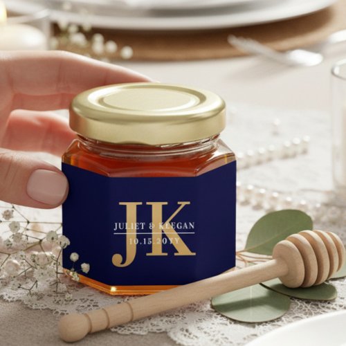 Minimalist Dark Navy Blue Gold Monogram Wedding Honey Jar Favors