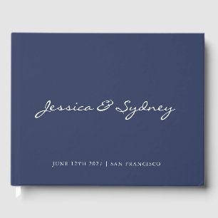Minimalist Dark Navy Blue Script Wedding Custom Guest Book