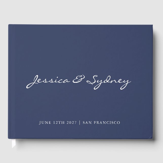 Minimalist Dark Navy Blue Script Wedding Custom Guest Book (Front)