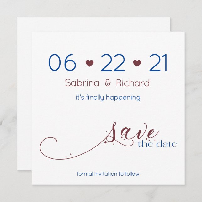 Minimalist Dark Navy & Burgundy  Save the Date Invitation (Front/Back)