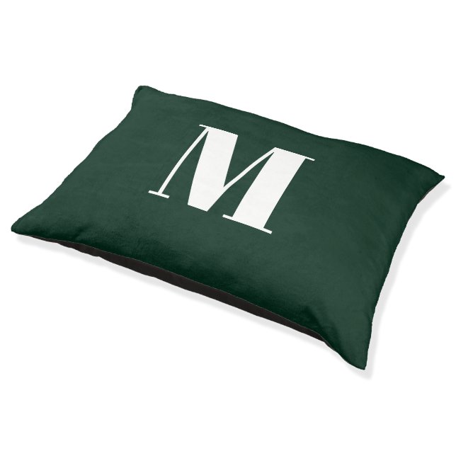 Minimalist dark pine green custom monogram initial pet bed (Angled)