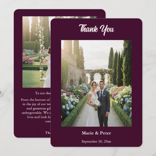 Minimalist Dark Plum Wedding Photo Thank You Card