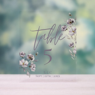 Minimalist dark purple watercolor table number acrylic sign