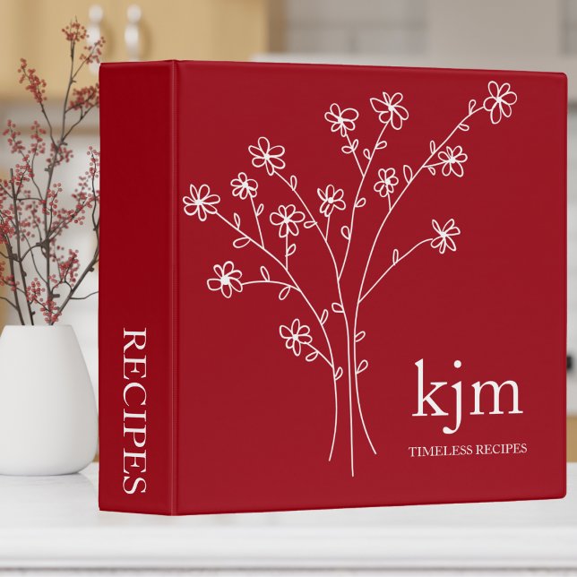 Minimalist Dark Red and White Monogram Recipe 3 Ring Binder (Creator Uploaded)
