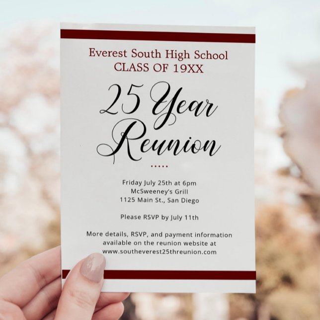 Minimalist Dark Red & White 25 Year Class Reunion Invitation (Creator Uploaded)