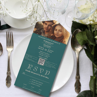 Minimalist Dark Teal Ivory Photo QR Code Email All In One Invitation