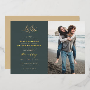 Minimalist Dark Teal & Sepia Branch Wedding Photo Foil Invitation
