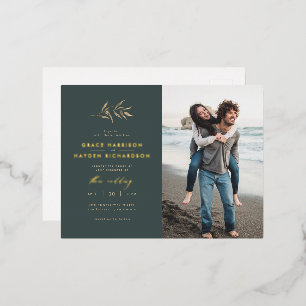 Minimalist Dark Teal & Sepia Branch Wedding Photo Foil Invitation Postcard