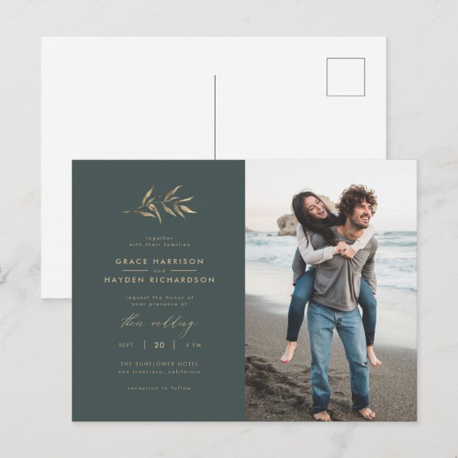 Minimalist Dark Teal & Sepia Branch Wedding Photo Invitation Postcard (Front/Back)