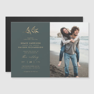 Minimalist Dark Teal & Sepia Branch Wedding Photo Magnetic Invitation