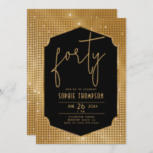 Minimalist Deco Black Gold Sequins 40th Birthday Invitation