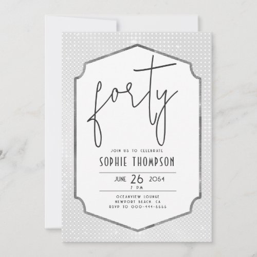 Minimalist Deco Black White Sequins 40th Birthday Invitation