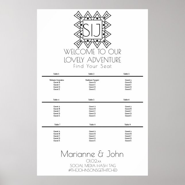Minimalist Deco Heart Wedding Logo Seating Chart (Front)