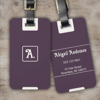 Minimalist Deep Aubergine with White Monogram Luggage Tag