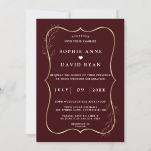 Minimalist Deep Burgundy Gold Line Art Wedding  Invitation