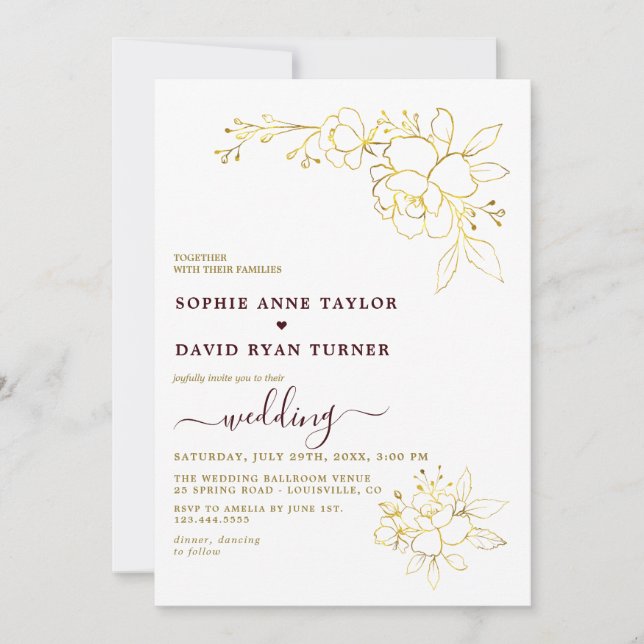 Minimalist Deep Burgundy Gold Simple Wedding Invitation (Front)