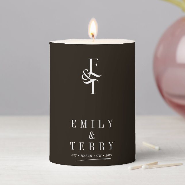 Minimalist Deep Dark Rich Brown Wedding Monogram Pillar Candle (In Situ)