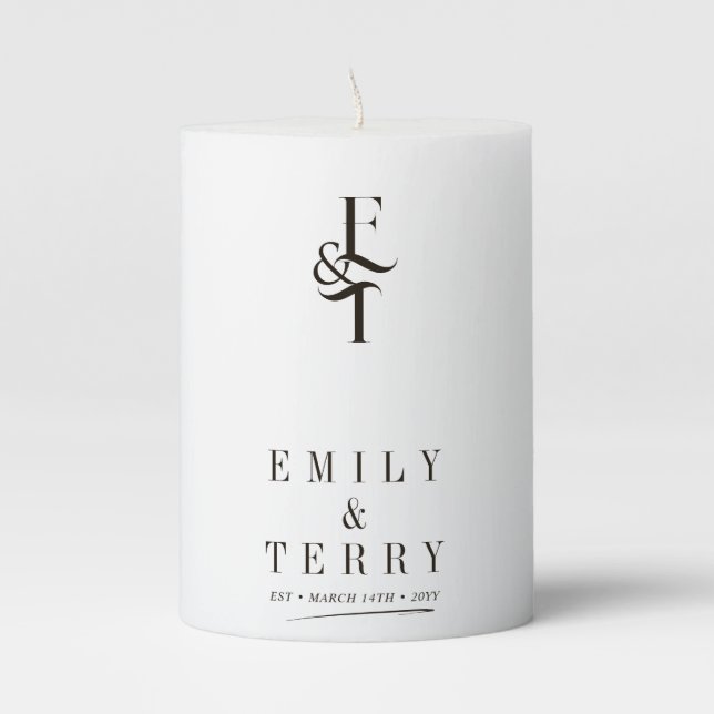 Minimalist Deep Dark Rich Brown Wedding Monogram Pillar Candle (Front)