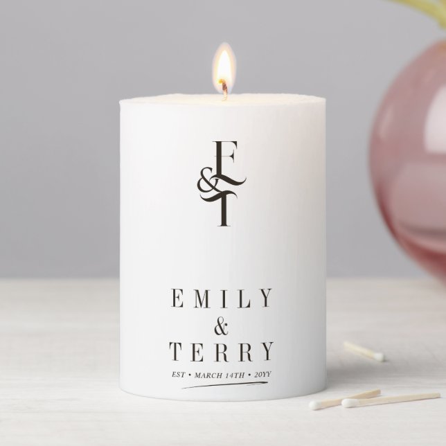 Minimalist Deep Dark Rich Brown Wedding Monogram Pillar Candle (In Situ)