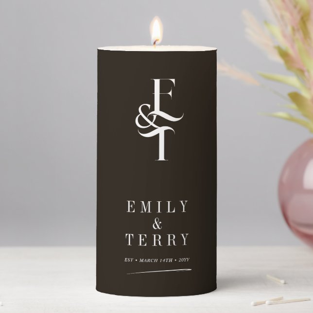 Minimalist Deep Dark Rich Brown Wedding Monogram Pillar Candle (In Situ)