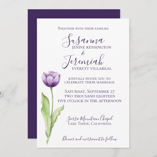 Minimalist Deep Purple Single Tulip Wedding Invitation (Front/Back)
