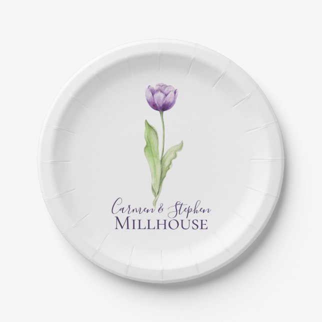 Minimalist Deep Purple Single Tulip Wedding Paper Plates (Front)