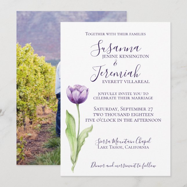 Minimalist Deep Purple Single Tulip Wedding Photo Invitation (Front/Back)