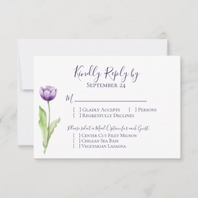 Minimalist Deep Purple Single Tulip Wedding RSVP Card (Front)