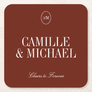 Minimalist Deep Terracotta Red Wedding Monogram Square Paper Coaster