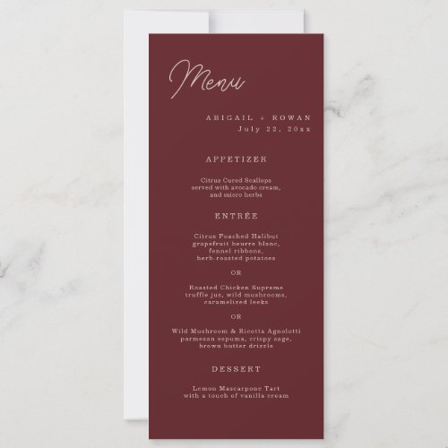 Minimalist Deep Wine Long Wedding Menu Card
