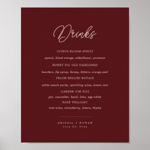 Minimalist Deep Wine Wedding Bar Menu Sign