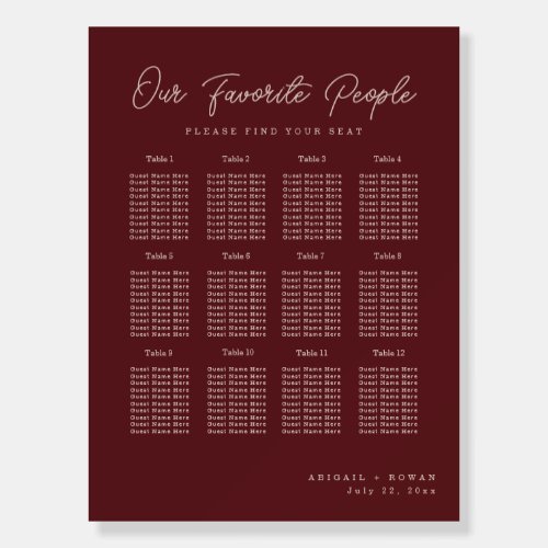 Minimalist Deep Wine Wedding Seating Chart Foam Board