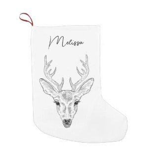 Minimalist Deer Head Line Art Sketch With Name Small Christmas Stocking