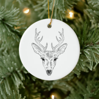 Minimalist Deer Head Line Art Sketch With Text Ceramic Ornament