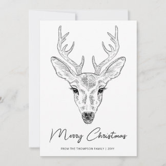 Minimalist Deer Head Line Art Sketch With Text Holiday Card
