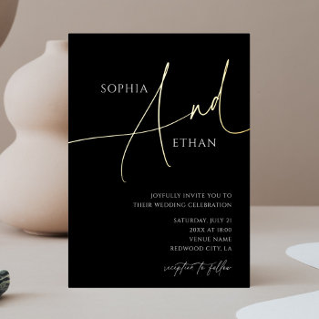 Minimalist Delicate Calligraphy Black Wedding Foil Invitation by CrispinStore at Zazzle