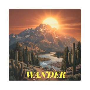 Minimalist Desert Sunset Cactus Metal Wall Art