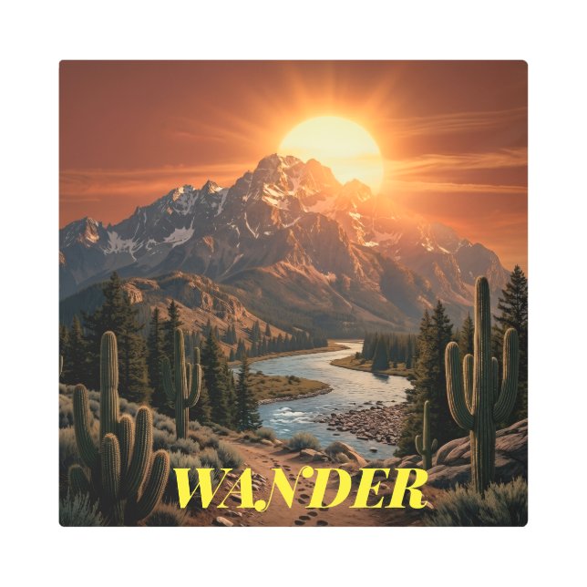 Minimalist Desert Sunset Cactus Metal Wall Art (Front)