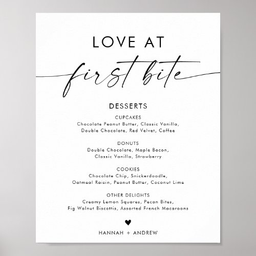 Minimalist Dessert Menu Sign Love at First Bite Poster