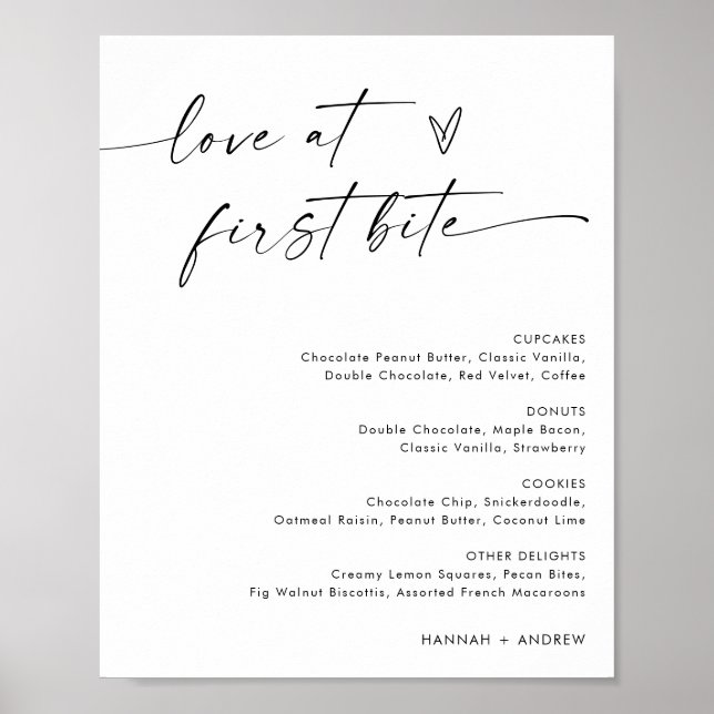 Minimalist Dessert Menu Sign, Love at First Bite Poster (Front)