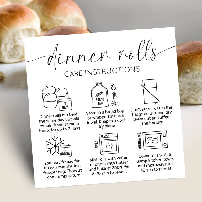 Minimalist Dinner Bread Rolls Care Instructions Square Business Card (Minimalist sourdough dinner rolls care instructions cards with care icons, stylish calligraphy font)